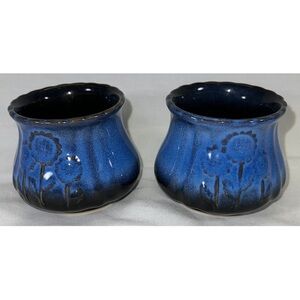 Vintage Handmade Pottery Flower Pots Planters Cobalt Blue Matching Set of 2